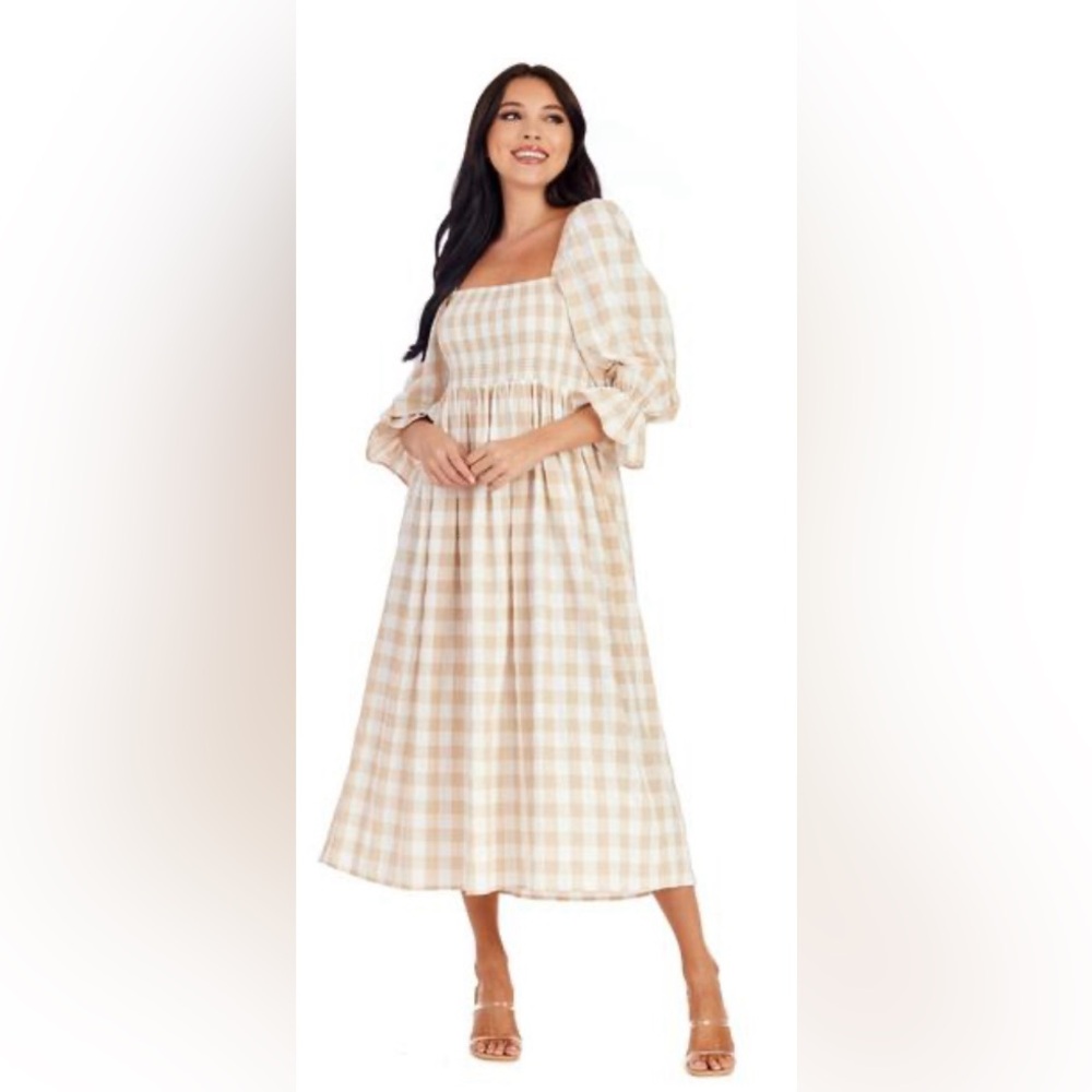 Cream Gingham Midi Dress with Puff Sleeves